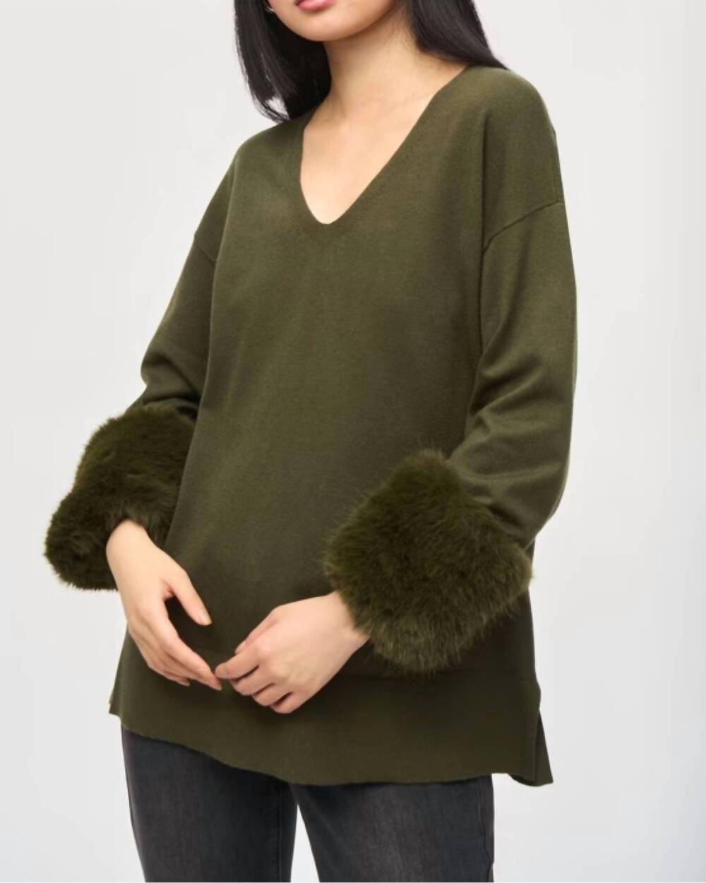 NEW JOSEPH RIBKOFF v-neck pullover sweater with fur cuffs in iguana